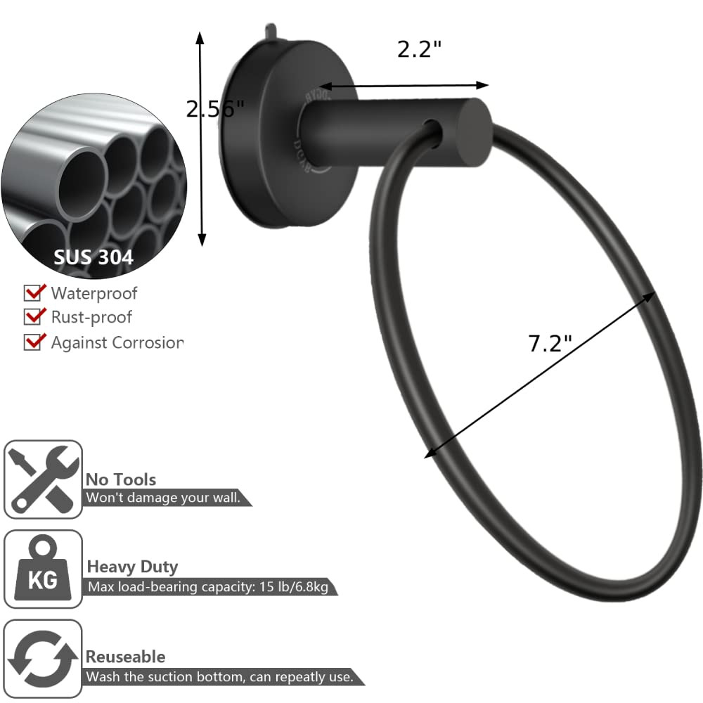 Dgyb Suction Cup Towel Ring Matte Black Hand Towel Holder For Bathroom Wall Sus 304 Stainless Steel Kitchen Towel Hanger
